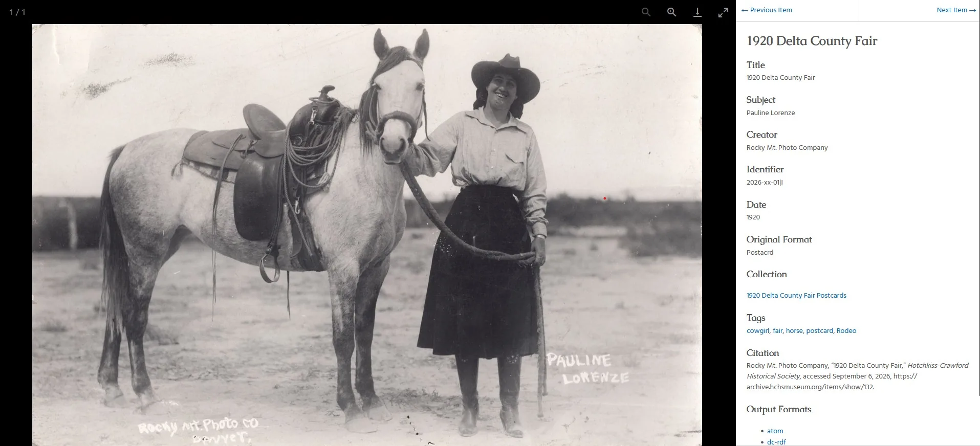 archive.hchsmuseum.org: a 1920 Delta County Fair postcard of Pauline Lorenze standing with her saddled horse, beside its catalog record.