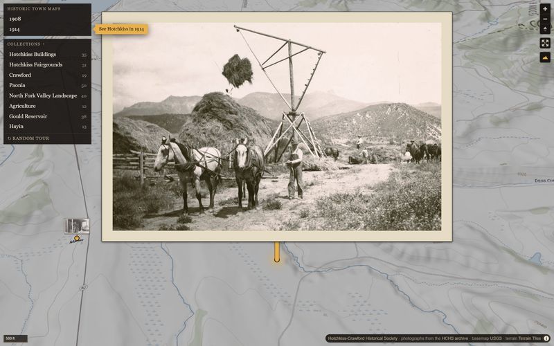 The same map in relief: a photograph of a pole derrick stacking hay, enlarged over the ground where it was taken.