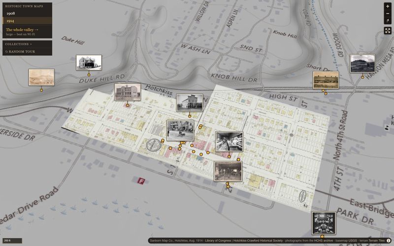 map.hchsmuseum.org: historic photographs standing over the 1914 Sanborn fire-insurance map of Hotchkiss, laid on today's streets.
