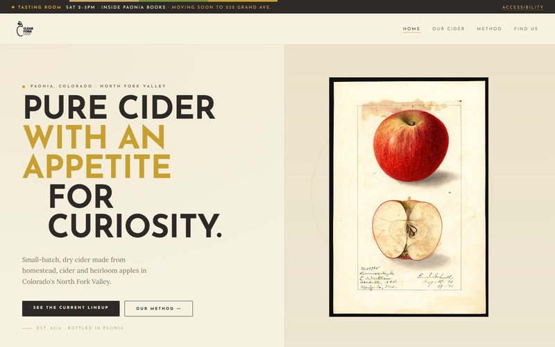 Clear Fork Cider's home page — the headline &ldquo;Pure cider with an appetite for curiosity&rdquo; beside a botanical plate of a halved apple.