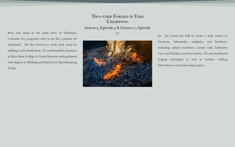 The Ira Houseweart Metal Works site — a two-time Forged in Fire champion, with forged ironwork glowing in the coals.