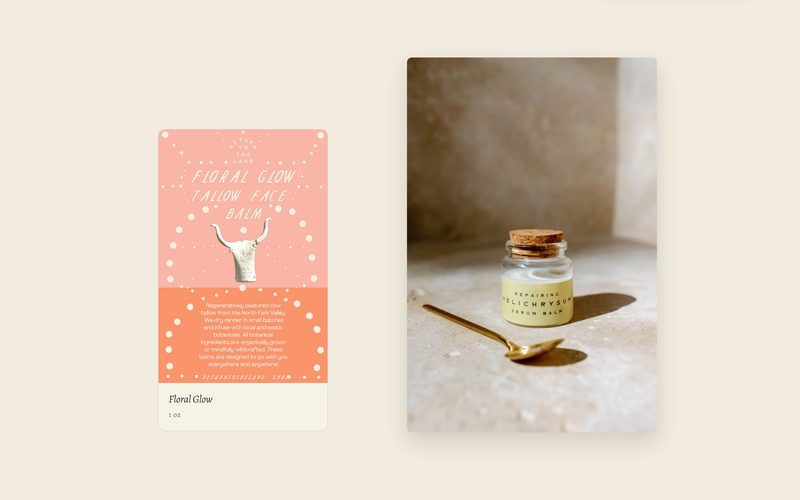 The Food page — a Floral Glow tallow face balm beside its illustrated label card.