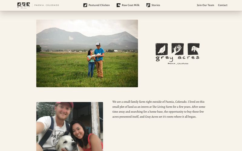 Gray Acres Farm's home page: a menu marked with three hand-printed blocks, a couple in a green pasture under the mountains, and the farm's linocut logo.