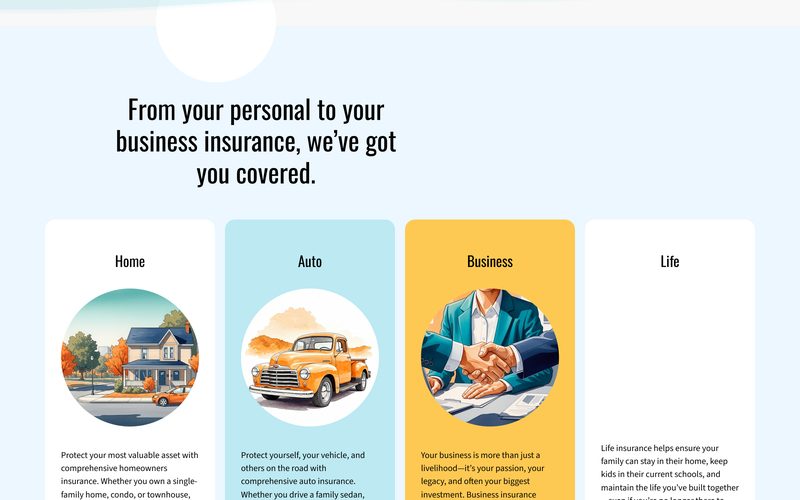 The Lammers Insurance site — &ldquo;from your personal to your business insurance, we've got you covered&rdquo; above four illustrated coverage cards.
