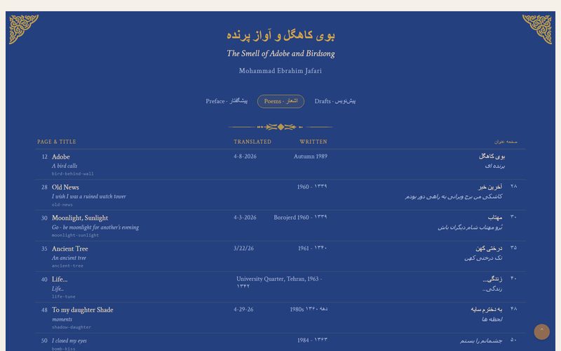 The Jafari poetry collection — a deep indigo index of poems in Persian and English, gold ornaments in the corners.