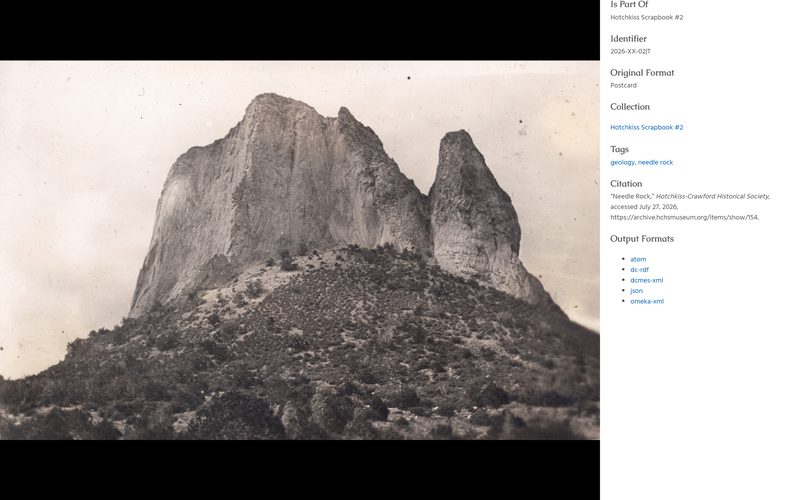 A Hotchkiss-Crawford Historical Society archive item — a postcard photograph of Needle Rock beside its record in the public archive.