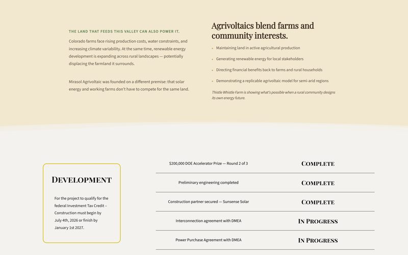 The Mirasol Agrivoltaic site — &ldquo;the land that feeds this valley can also power it&rdquo; above a development status table.