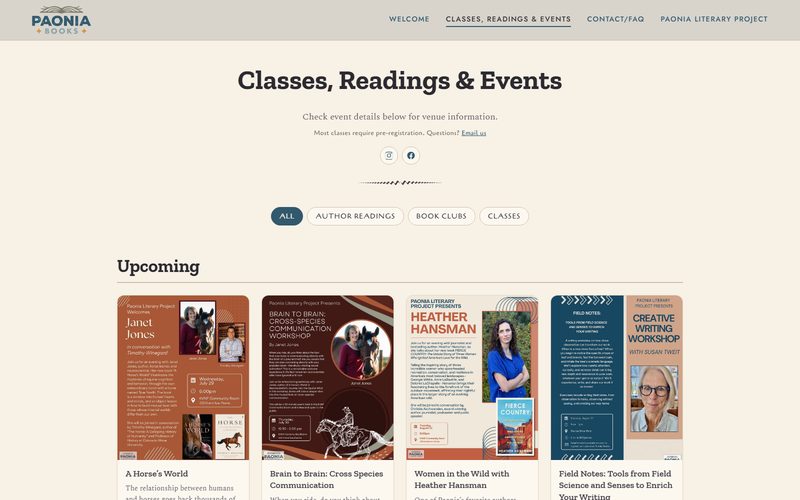 The Paonia Books events page — &ldquo;Classes, Readings & Events&rdquo; above filter buttons and a row of upcoming event posters.