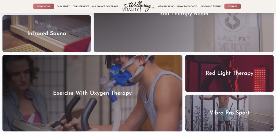 The Wellspring Vitality site — a dark tiled grid of therapies, each named over its own photograph.
