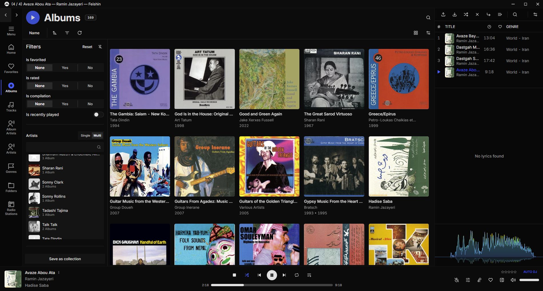 The KVNF music library open in Feishin — album art tiled across a dark browser.